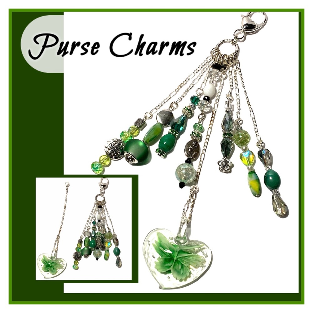 Green Glass Heart Purse Charms